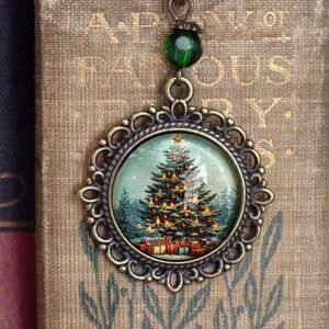 Victorian Christmas Tree Bookmark - RARE Antique Bronze Glass Cabochon Book Hook